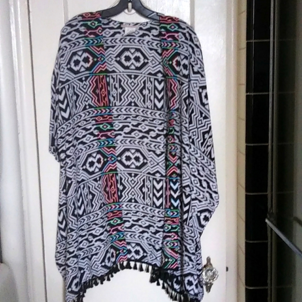 LaBLANCA W/TAGS SWIMSUIT COVER UP W/TASSEL,BLACK/WHITE-MULTI COLOR BORDE…